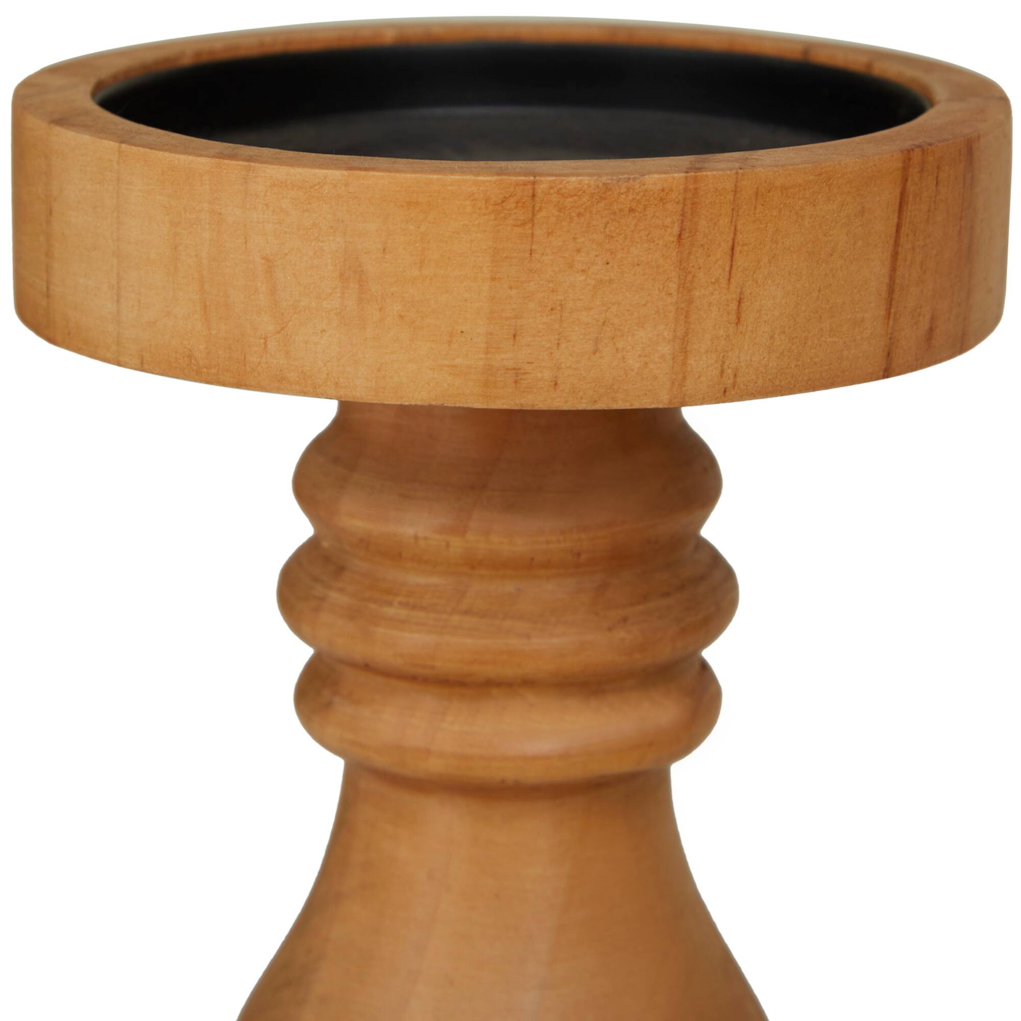 Brown Wood Round Turned Style Pillar Candle Holder Set